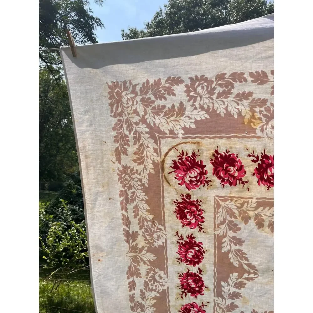 Vintage Tablecloth with Red and Pink Roses and Leaves